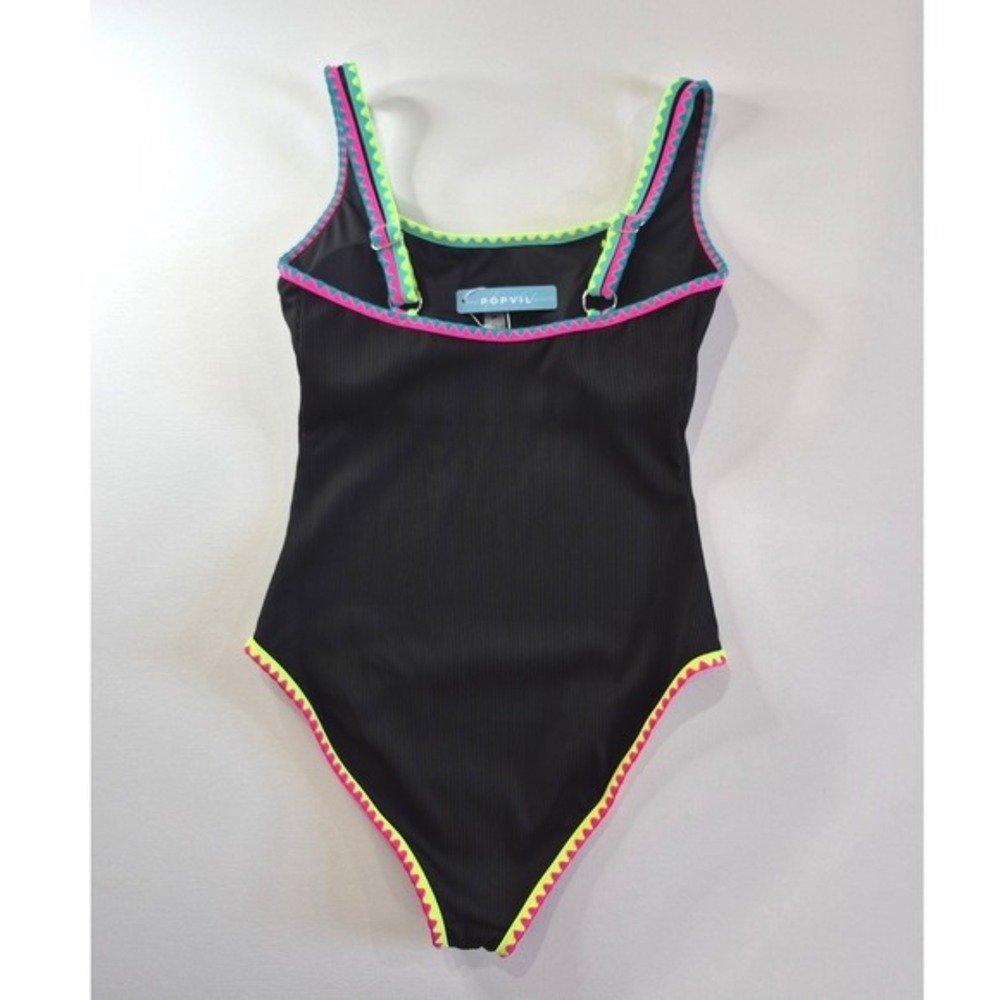 Popvil Womens One Piece Swimsuit Black Ribbed Neon Ric Rac Trim Size Large - Picture 6 of 7